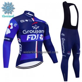 Set Fietsshirt Lange Mouw + Lange Koersbroek 2023 Groupama FDJ Winter Thermal Fleece Zwart Blauw